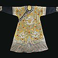 A very rare embroidered satin and pearlwork 'Twelve Symbols' Imperial <b>court</b> <b>robe</b>, Jifu, Qing dynasty, Daoguang Period