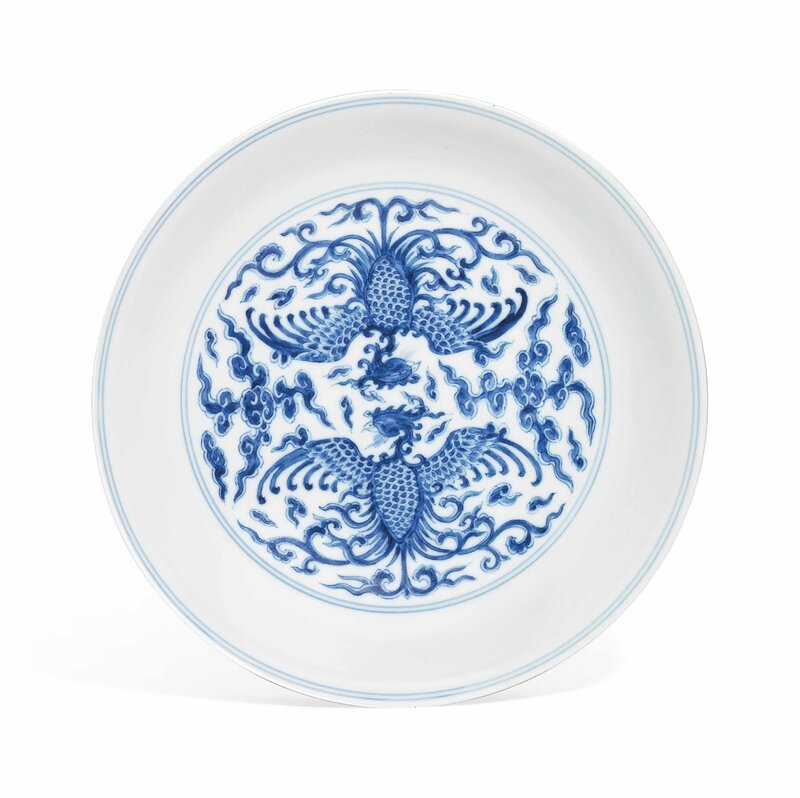 A blue and white 'Double Phoenix' dish, Yongzheng six-character mark in underglaze blue within a double circle and of the period (1723-1735)