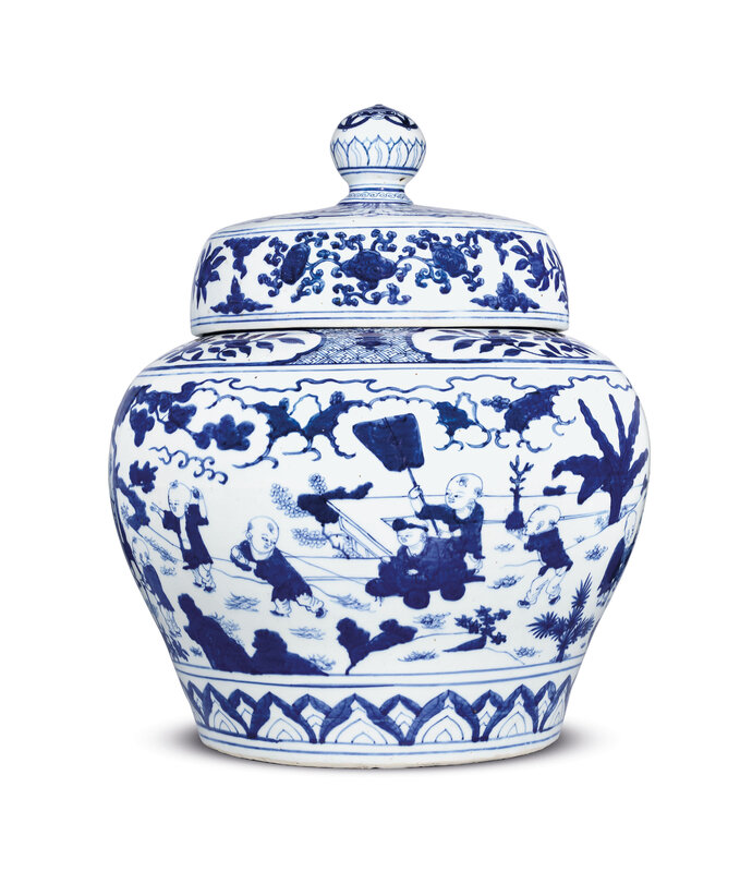 A fine magnificent and important blue and white 'boys' jar and cover, Jiajing six-character mark in underglaze blue and of the period (1522-1566)