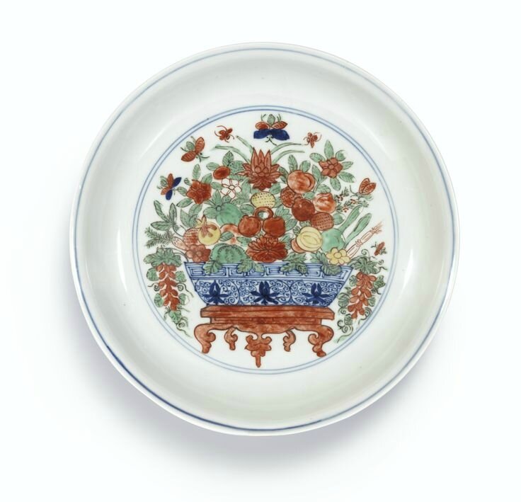 A wucai 'Flowers and Fruit' dish, mark and period of Wanli (1573-1620)