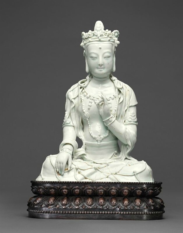 An exceedingly rare Qingbai seated figure of a bodhisattva, Yuan dynasty (1279-1368)