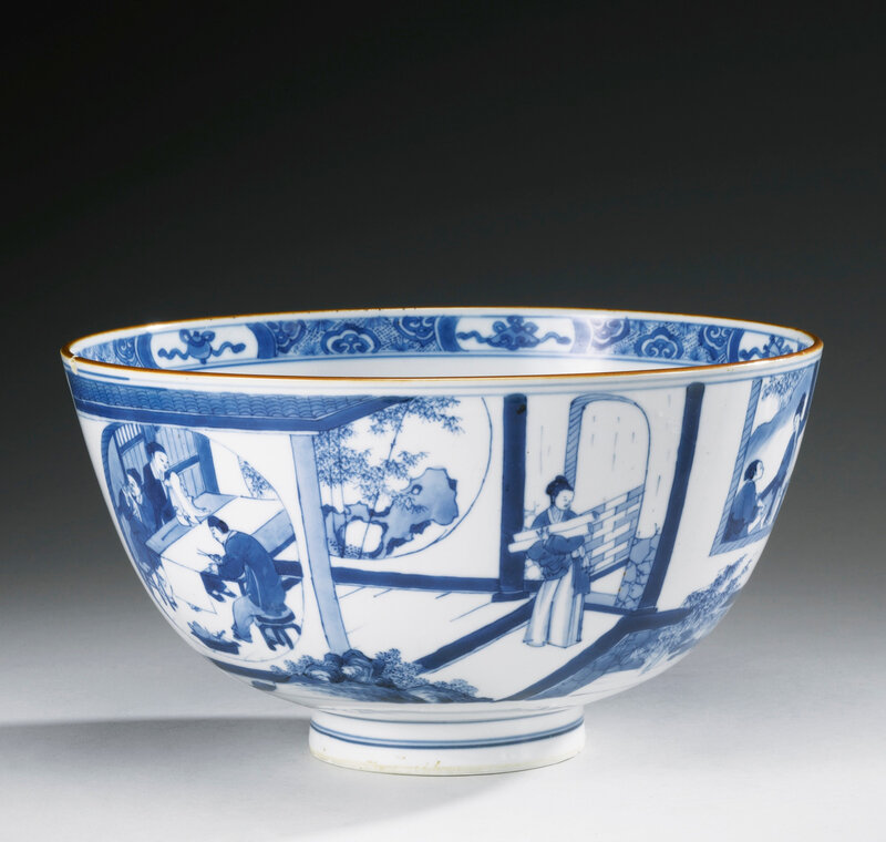 A large blue and white 'figural' bowl, Qing dynasty, Kangxi period (1662-1722)