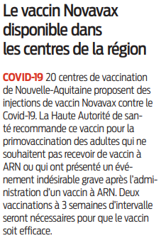 2022 03 05 SO Le vaccin Novavax disponible dans les centres de la région