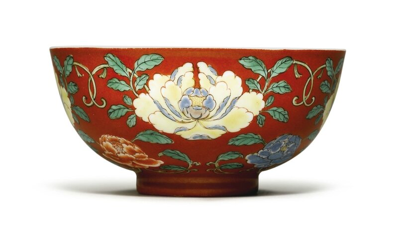 A Rare Coral Ground Famille-Verte Bowl, Yongzheng Mark and Period (1723-1735)