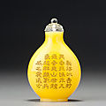 An inscribed <b>yellow</b> <b>glass</b> snuff bottle. Imperial glassworks, Beijing, Qianlong incised four-character mark and of the period, 17