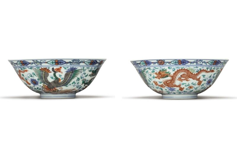 A Pair Of Rare Wucai And Doucai 'Dragon And Phoenix' Bowls, Yongzheng Marks And Period