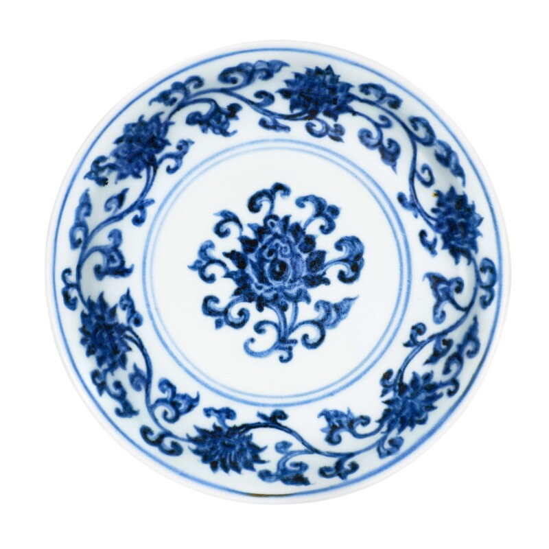 A rare small blue and white 'lotus' dish, Mark and period of Xuande (1426-1435)