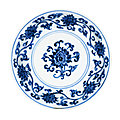 A rare small blue and white 'lotus' <b>dish</b>, Mark and period of Xuande (1426-1435)
