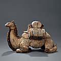 An unglazed pottery <b>figure</b> of a camel at rest, Early Tang dynasty, 7th century