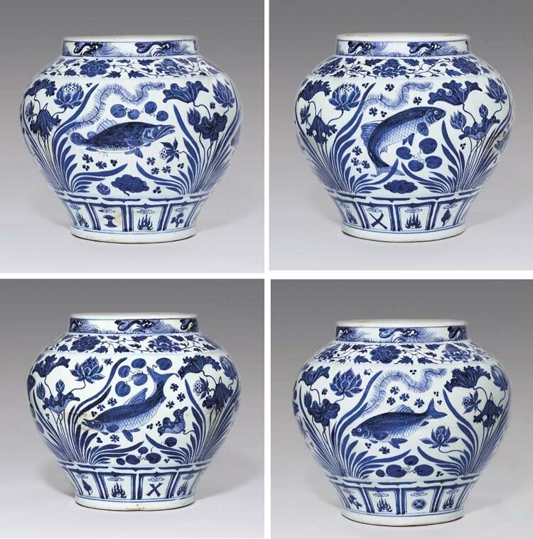 A magnificent and rare Yuan blue and white 'Fish' jar, Yuan dynasty (AD 1279-1368) 