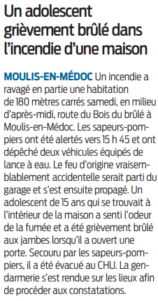 2022 05 02 SO Un adolescent grièvement brûlé dans l'incendie d'une maison