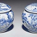 A rare pair of blue and white weiqi counter boxes and covers, Transitional period, circa <b>1645</b>-1655 