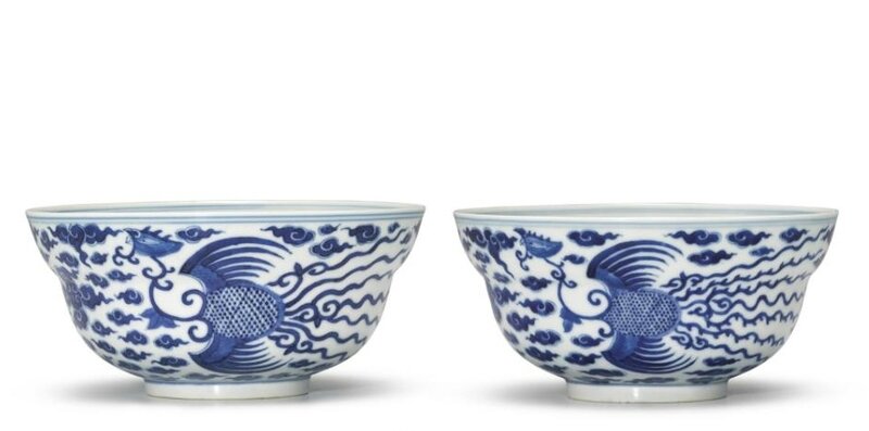 A pair of blue and white 'Phoenix' bowls, marks and period of Guangxu