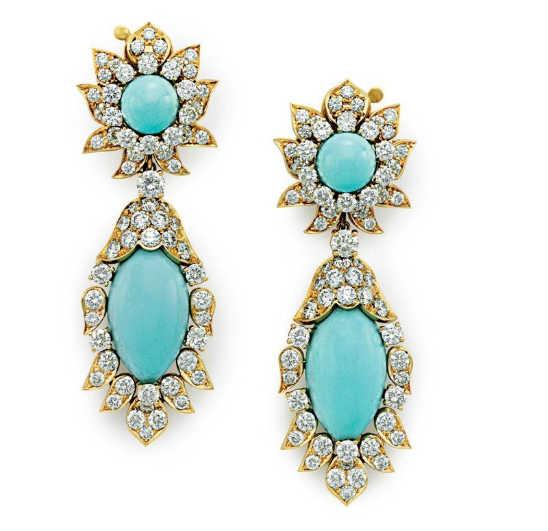 A pair of turquoise and diamond ear pendants, by Van Cleef & Arpels