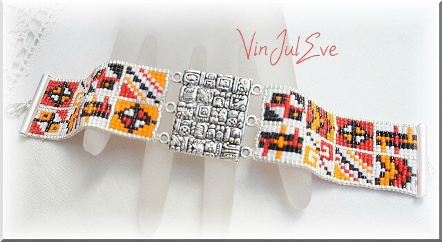 bracelet loom plaque incas rouge orange blanc noir 1