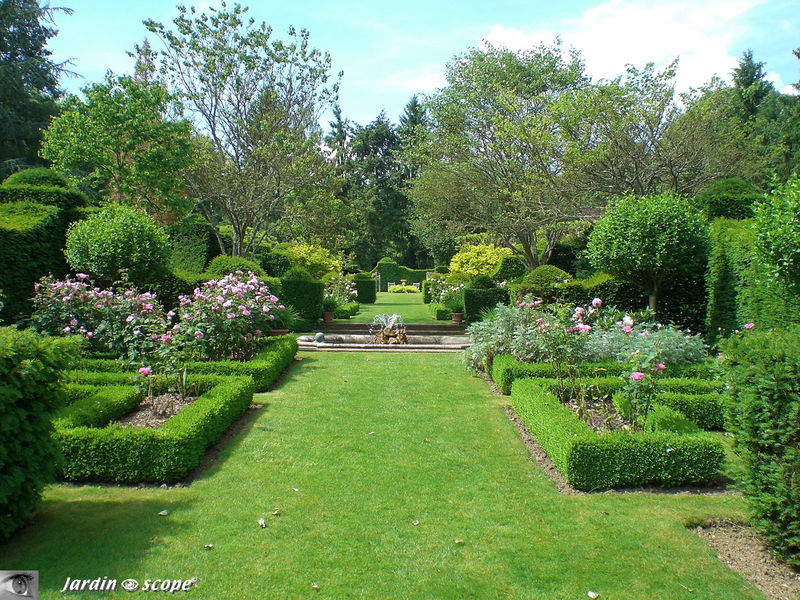 Le jardin ceinturés de topiaires d'ifs en contre champ