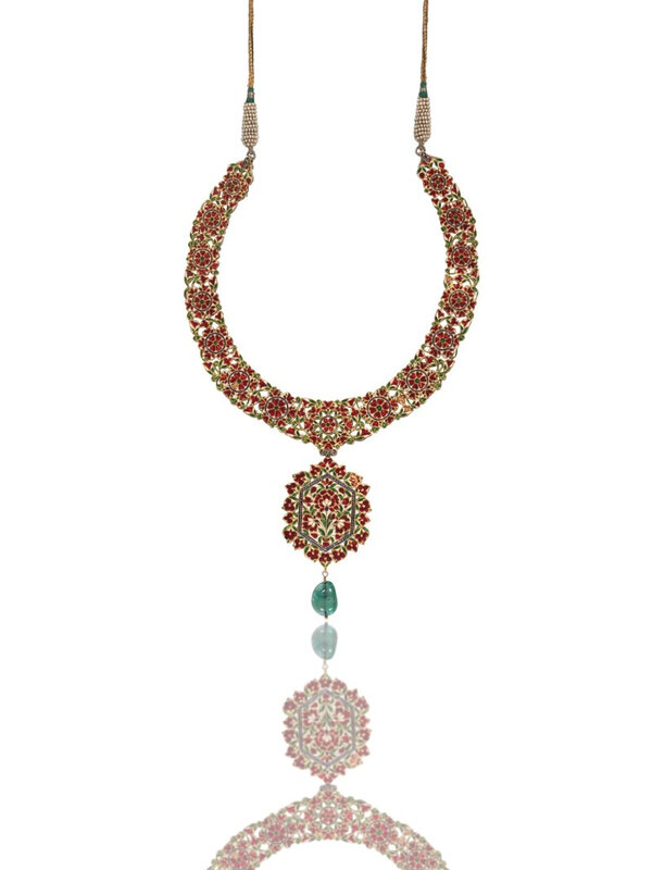 A diamond and carved emerald-set enamelled necklace, India, 19th-20th ...