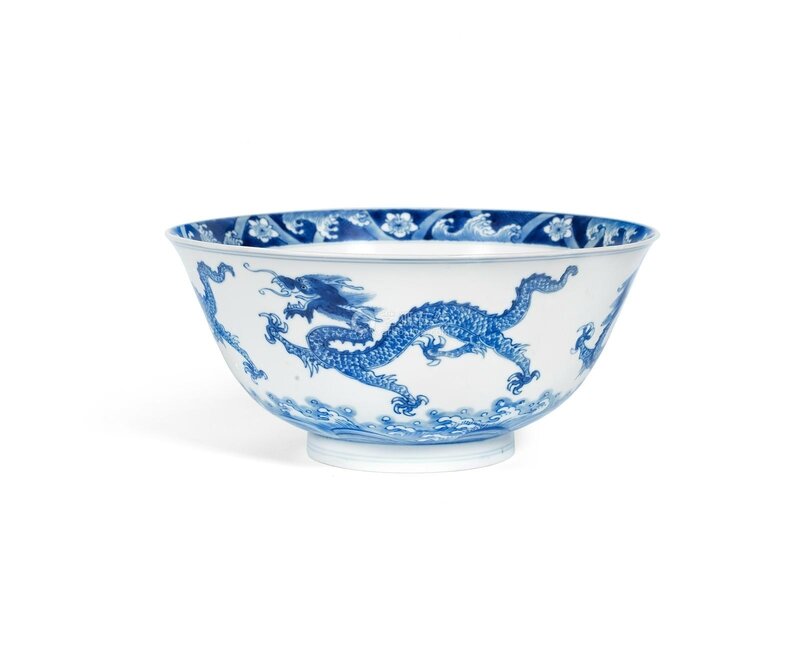 A blue and white 'five dragon' bowl, Kangxi six-character mark and of the period (1662-1722)