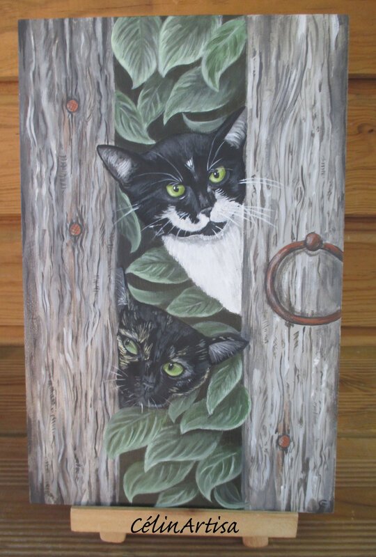 Chats dans le feuillage (acrylique sur bois)