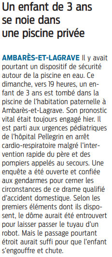 2022 04 19 SO Gironde un enfant de 3 ans se noie dans une piscine privée