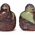 A dark russet-brown and olive-green jade snuff bottle, Master of the Rocks School, <b>1740</b>-<b>1850</b> 