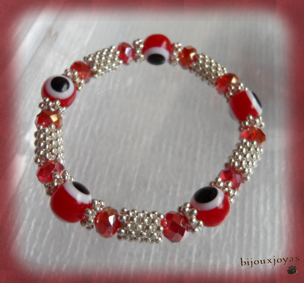 Bracelet Totem Perle Oeil Rouge Et Noir Perles Rouges Crystal Facettées Métal Argenté Elastique