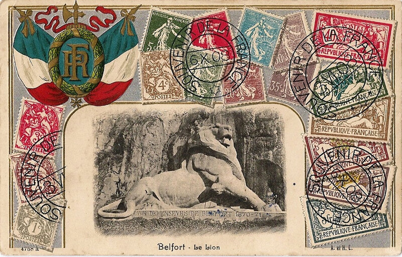 Belfort CPA Lion Timbres Armoirie à gauche