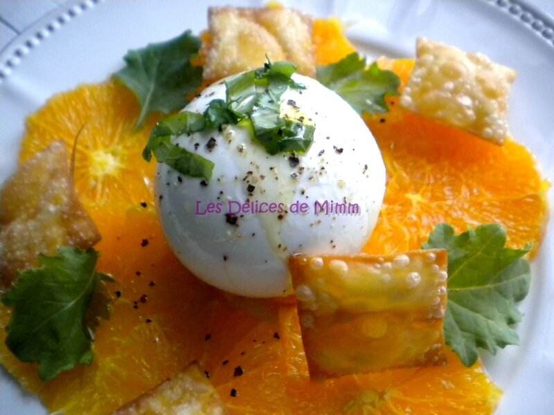 Burrata sur carpaccio d’oranges et croustillants de pâtes frites
