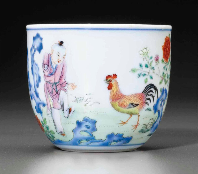 A very rare famille rose 'Chicken' cup, Qianlong six-character fanggu seal mark in underglaze blue and of the period (1736-1795)