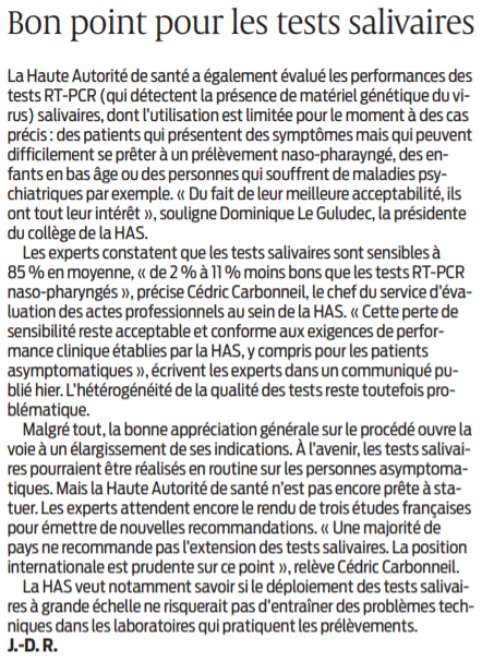 2021 01 24 SO Bon point pour les tests salivaires