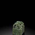  Important Chinese imperial spinach-green jade 'Shui Mu Zhan Qing Hua' seal, <b>Jiaqing</b> to be sold at Bonhams
