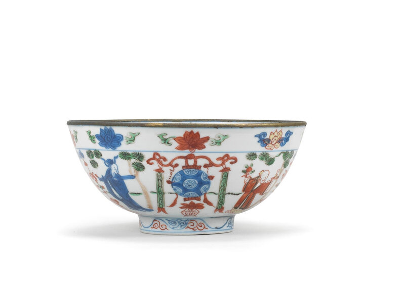 A Wucai 'Immortals' bowl, Wanli six-character mark and of the period (1573-1619) 