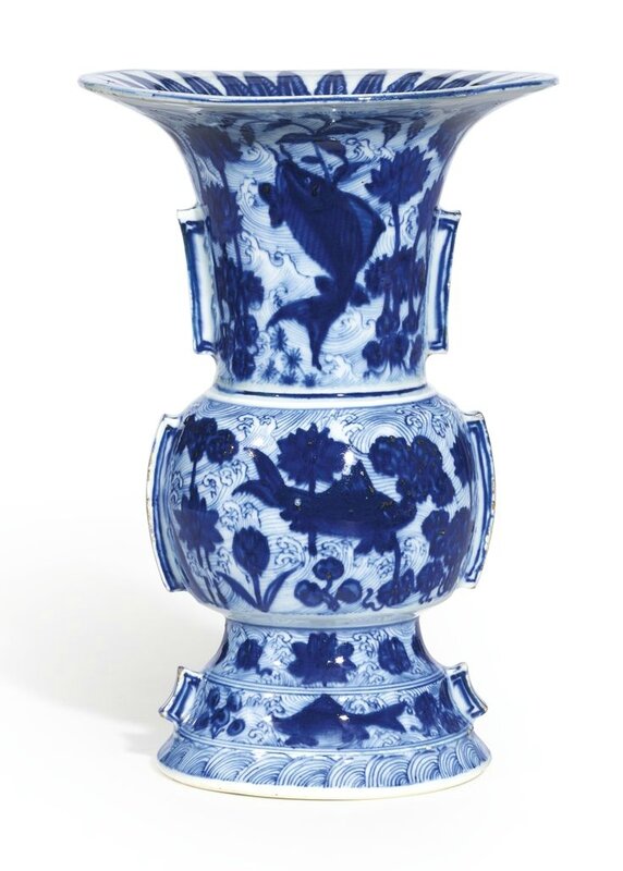A very rare blue and white 'Carp and Lotus' vase, zun, Ming dynasty, Jiajing period