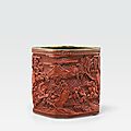 A fine <b>cinnabar</b> lacquer square brushpot, bitong, Qianlong four-character mark and of the period