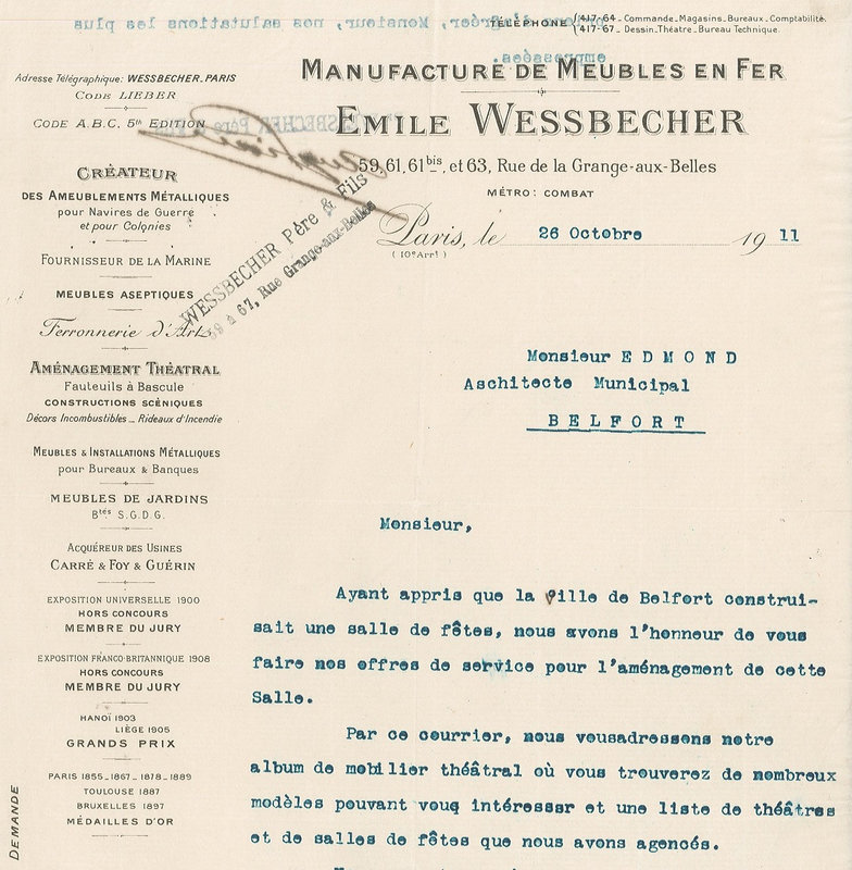 1911 10 26 Salle des Fêtes Courrier Wessbecher à Archictecte