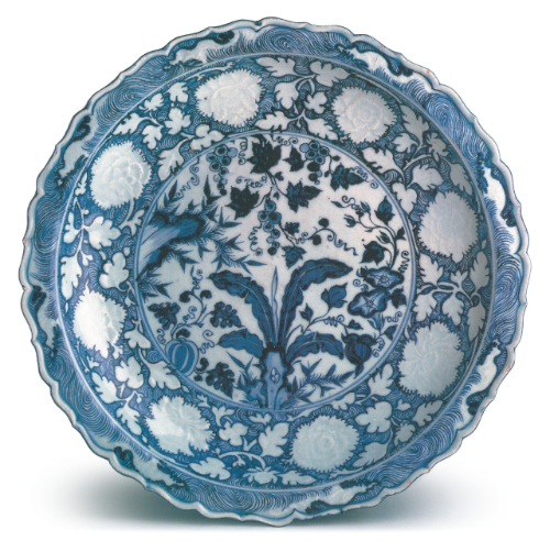 Blue and white barbed ‘banana plant and peony’ charger, Yuan dynasty, Ottoman court collection, Topkapi Saray Museum, Istanbul
