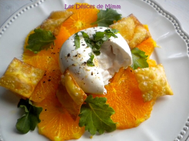 Burrata sur carpaccio d’oranges et croustillants de pâtes frites 3