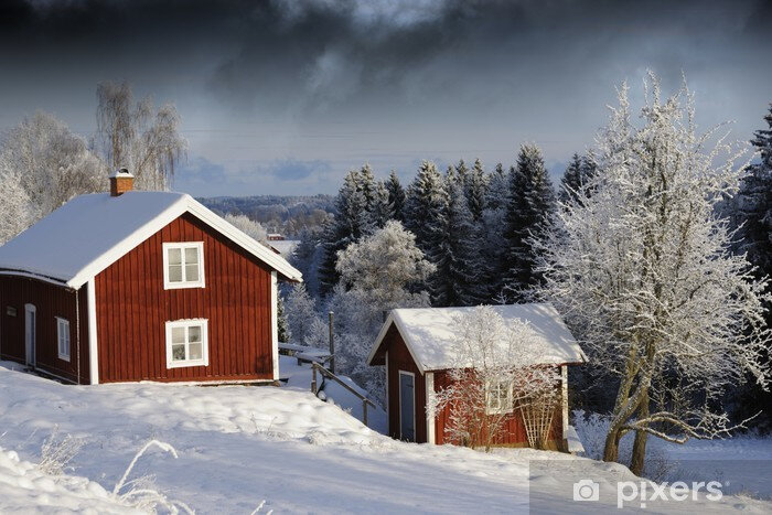 stickers-chalets-rouges-dans-paysage-d-39-hiver-suede