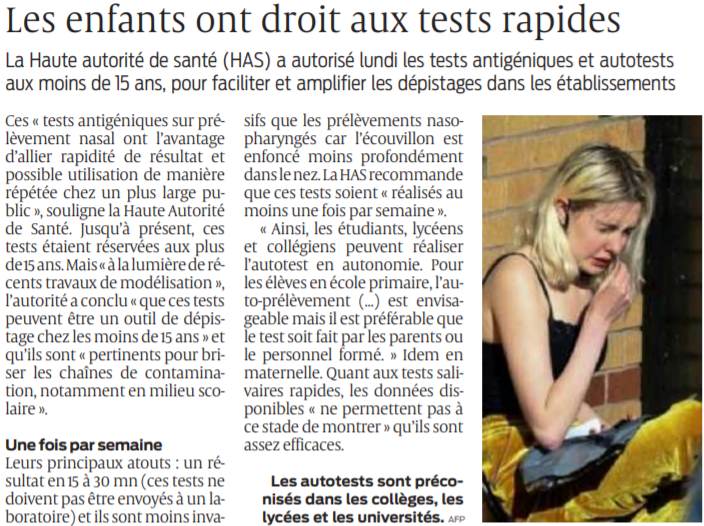 2021 04 28 SO Les enfants ont droit aux tests rapides
