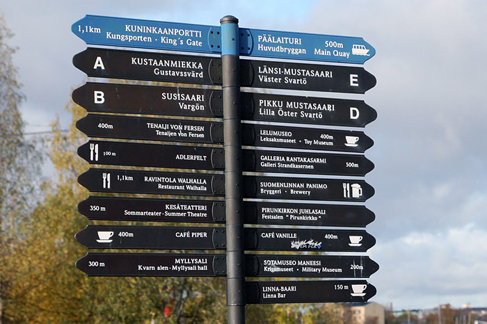 Panneaux de direction à Suomenlinna, Helsinki, Finlande