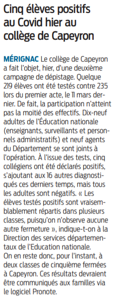 2021 03 30 SO Mérignac 5 élèves positifs au Covid hier au collège de Capeyron