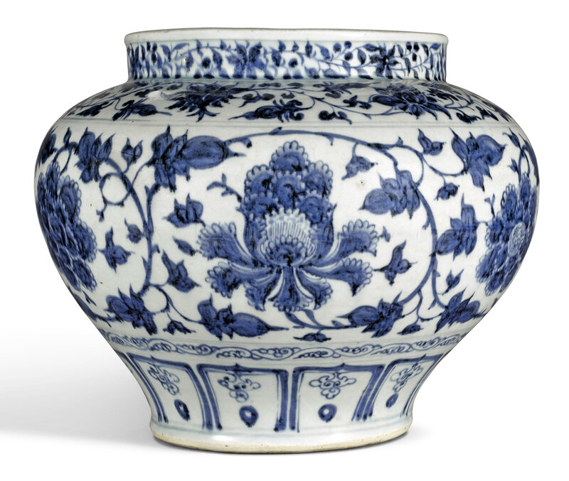 A large blue and white 'peony' jar, Yuan dynasty (1279-1368)