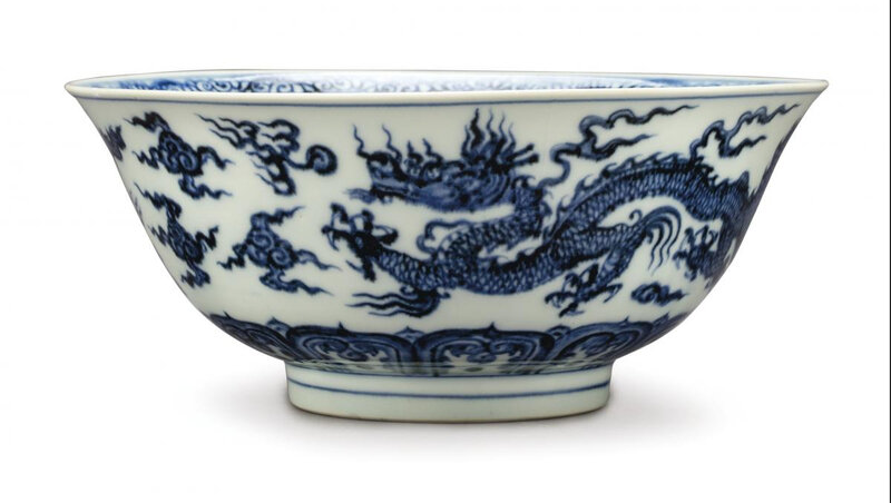 A rare anhua-decorated blue and white ‘Dragon’ bowl, Xuande six-character mark in underglaze blue within a double circle and of the period (1426-1435)