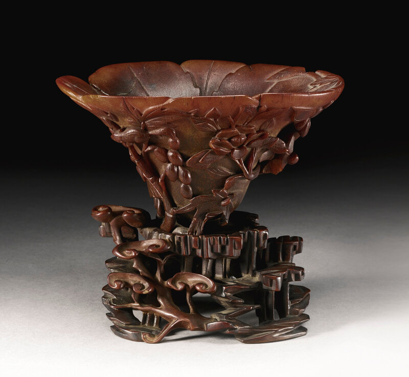 A rhinoceros horn 'Squirrel and grapevine' libation cup, Qing dynasty, 17th-18th century