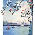 Aquarelle façon <b>estampe</b>, Cerisiers en fleurs sur le lac d'Annecy