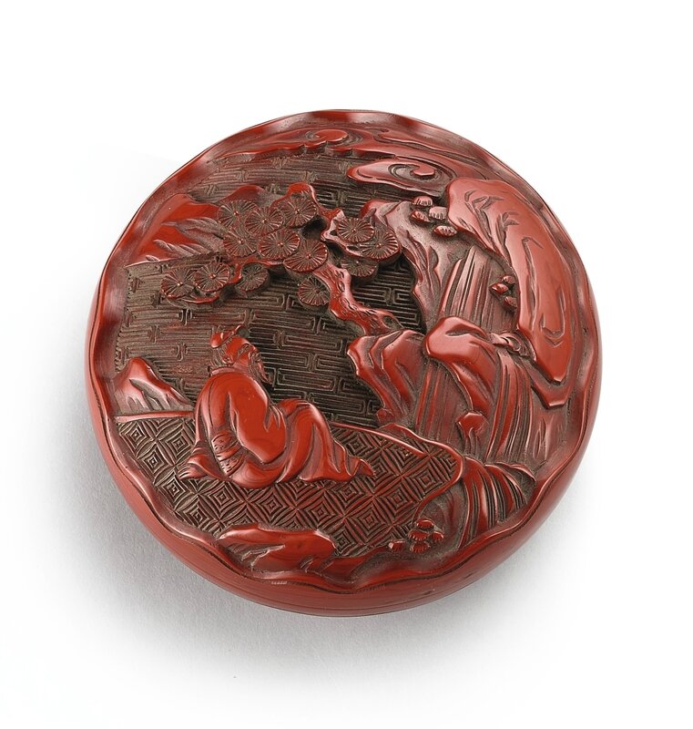 A cinnabar lacquer carved 'Scholar' box and cover, 17th century