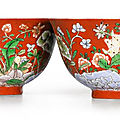 Sotheby's Paris Art d'Asie led by a rare pair of coral-ground Famille Verte ‘floral’ bowls, Kangxi Yuzhi marks and of the period