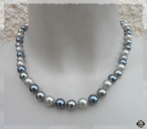 Collier Perles Rondes 10 mm Nacrées 3 Tons Couleurs Gris 42 cm