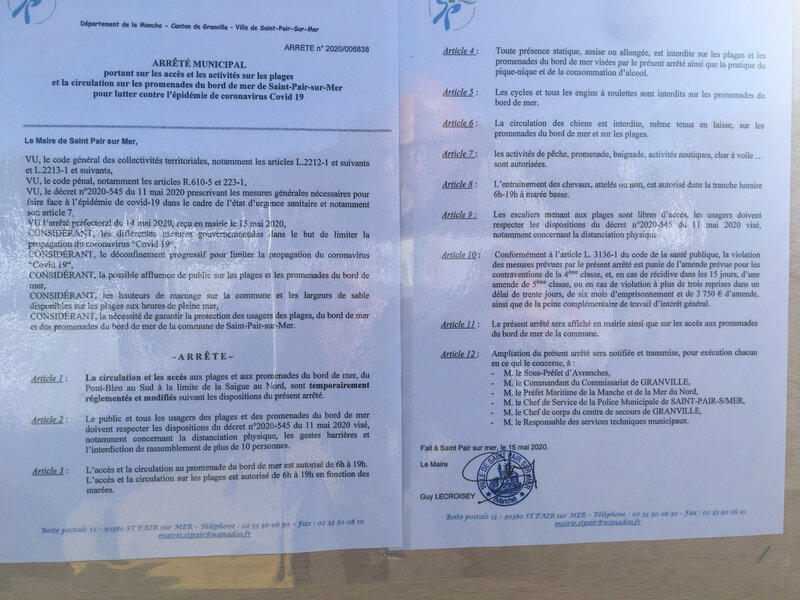 Saint-Pair-sur-mer_plage_Covid19_ouverture_15 mai 2020_2020_arrêté municipal_maire_mairie