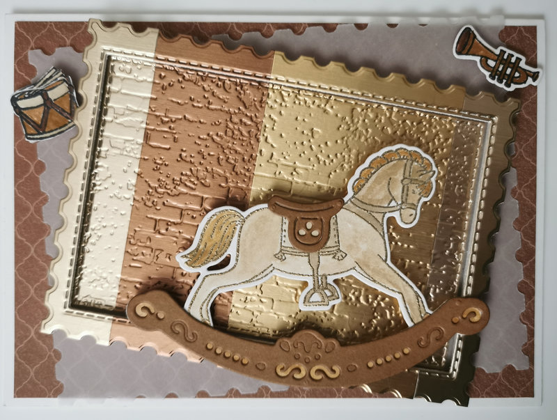 1b Carte de voeux Rocking horse, Poinçons timbres intemporels et rectangles coutures